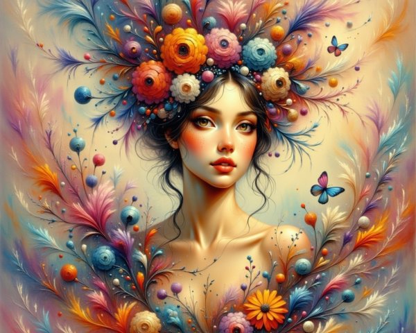 Woman with Floral Crown and Colorful Background