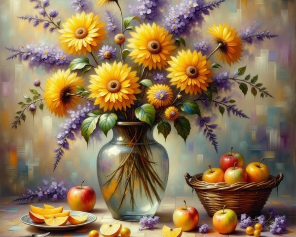 Vibrant Still Life with Sunflowers and Fruits