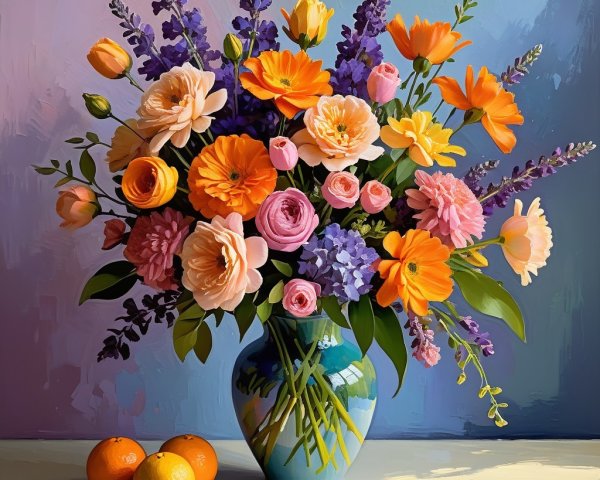 Colorful Flower Bouquet in Blue Vase with Oranges