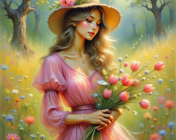 Serene Meadow Scene with Young Woman and Tulips