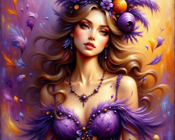 Elegant Woman in Purple Feathers and Jewels