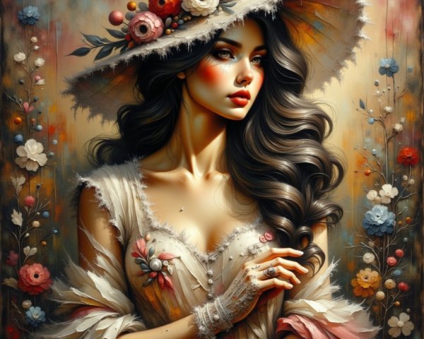 Elegant Woman in Floral Dress and Wide-Brimmed Hat