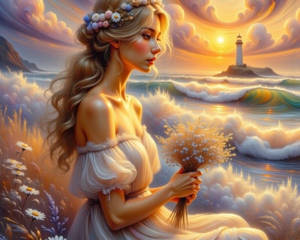 Young Woman in White Dress by Serene Seaside Sunset