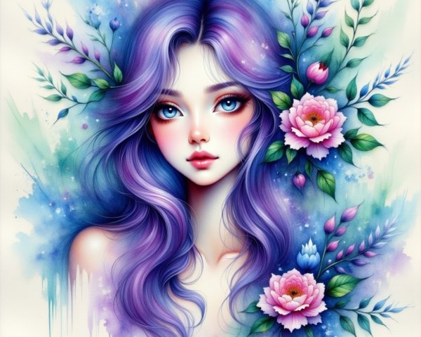 Ethereal Illustration of a Young Woman with Flowers