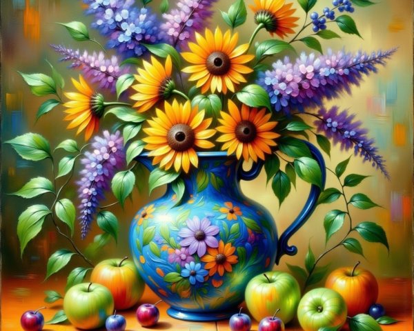 Vibrant Still Life with Sunflowers and Colorful Fruits