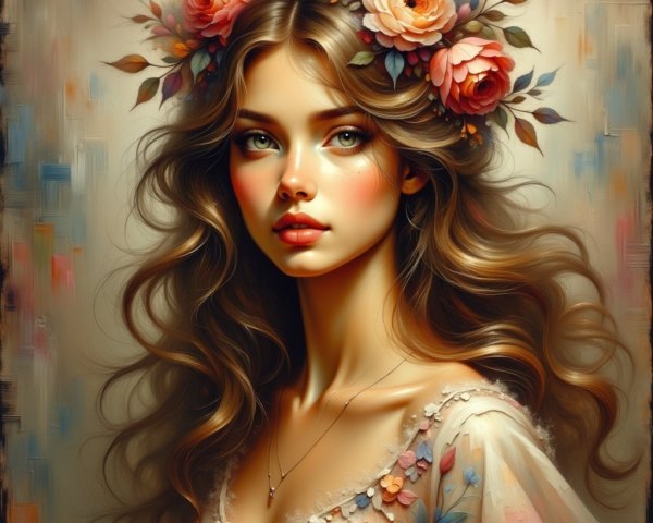 Young Woman with Floral Accents and Pastel Dress