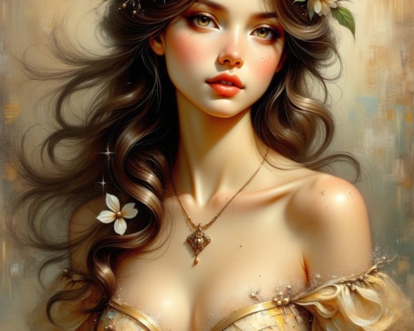 Young woman in floral attire with serene expression