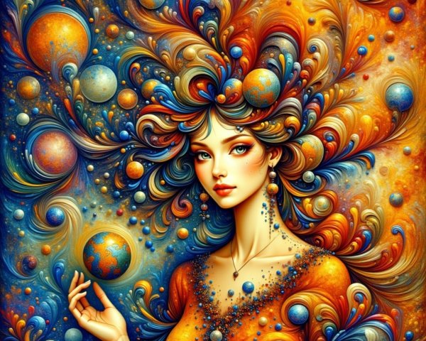 Stylized Woman with Celestial Hair and Globe