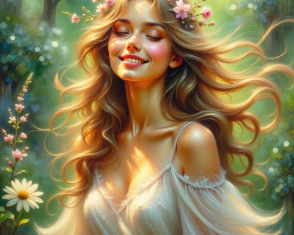 Young woman in sunlit forest with flowers and tranquility
