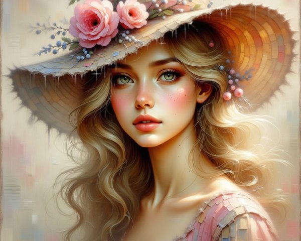 Young Woman in Straw Hat and Light Pink Dress
