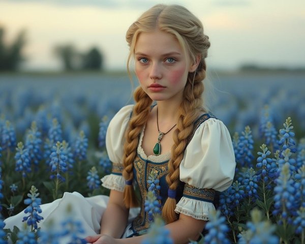 Young girl in traditional attire among blue flowers