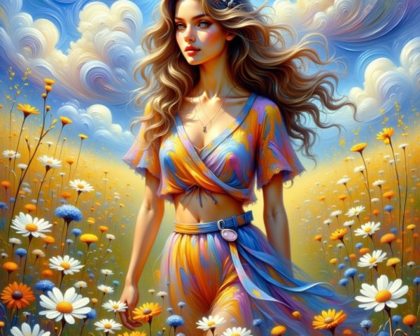 Young woman in vibrant wildflower field with dreamy sky