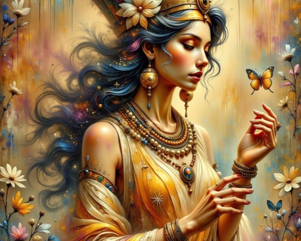 Digital Painting of a Woman with Golden Crown and Jewelry