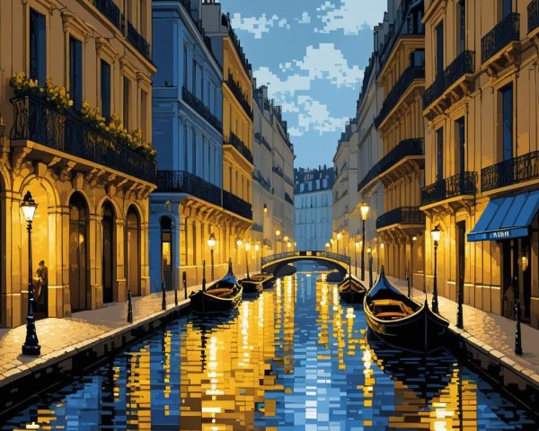 Parisian Street Scene at Twilight with Canal Reflections