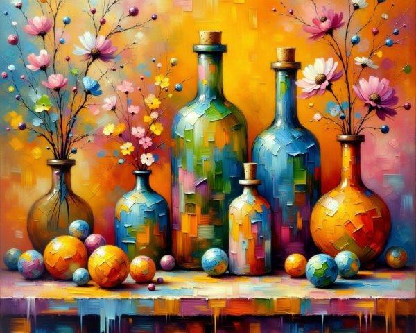Vibrant Still Life with Colorful Bottles and Blooms