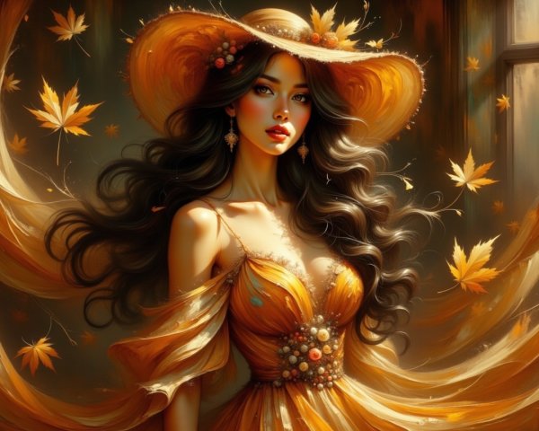 Young woman in orange dress among autumn foliage