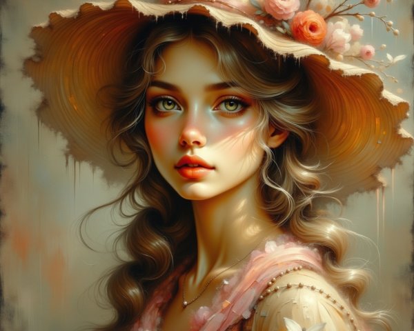 Young woman with flowers and straw hat in soft colors