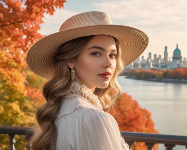 Young Woman in Vintage Blouse by Autumn River Scene