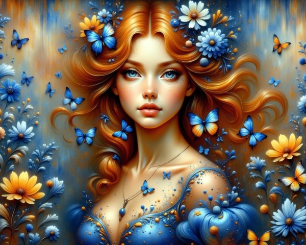 Portrait of a woman with red hair and blue butterflies