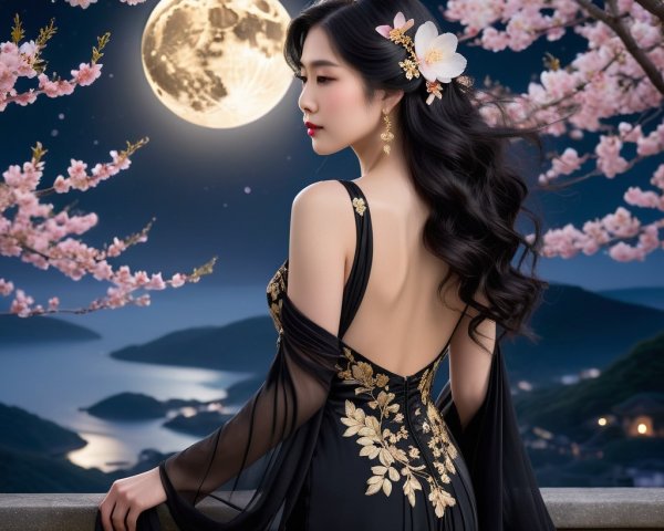 Elegant Woman in Black Gown by Luminous Lake