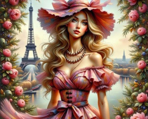 Elegant Woman in Floral Frame at Eiffel Tower