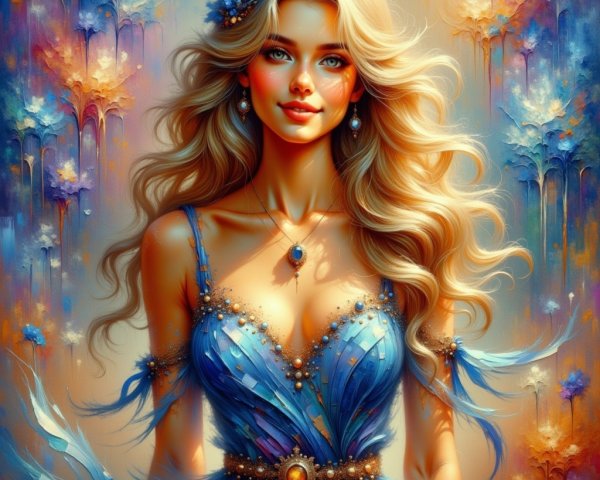 Portrait of a Young Woman in Blue Dress with Flowers