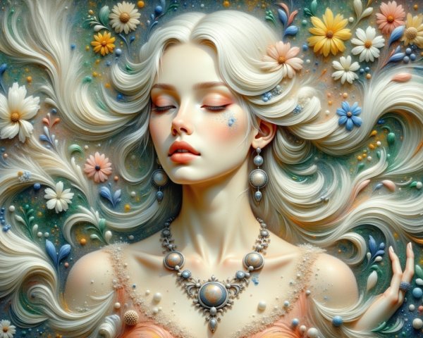 Serene Woman with White Hair and Floral Adornments