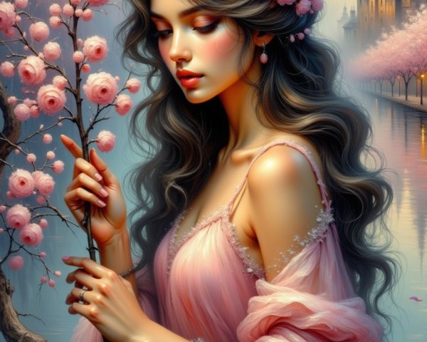 Young Woman by River in Ethereal Spring Landscape