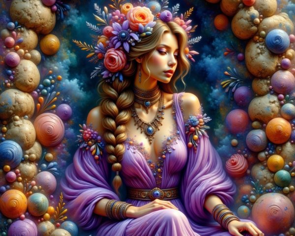 Serene Woman in Vibrant Whimsical Setting with Jewelry