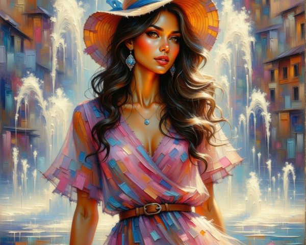 Woman in Colorful Setting with Elegant Dress and Hat