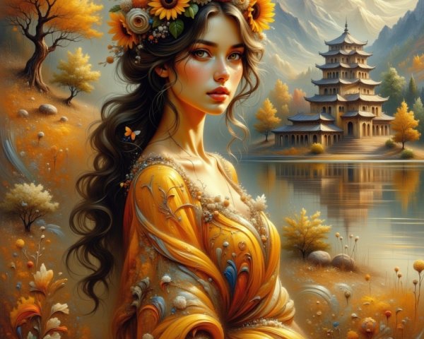 Young Woman in Floral Crown by Tranquil Lake