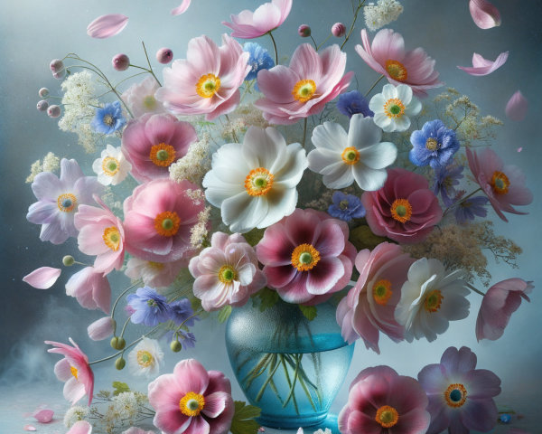 Vibrant Bouquet of Colorful Flowers in Glass Vase