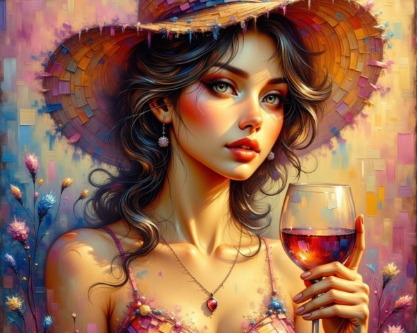 Young woman in straw hat enjoying rosé wine outdoors