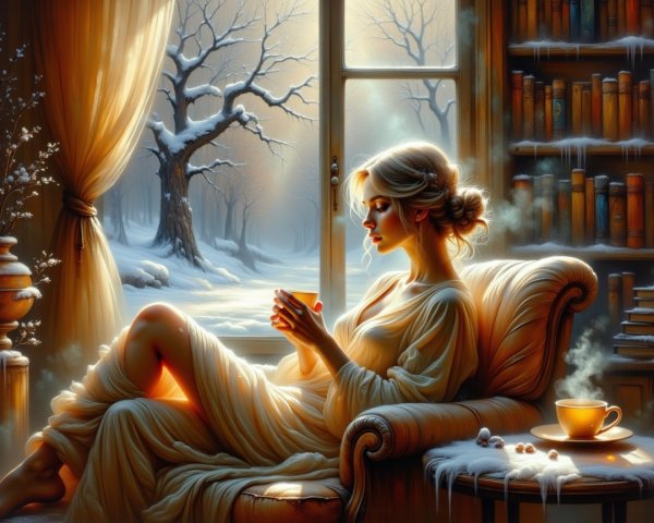 Woman in Cream Dress Seated in Winter Landscape