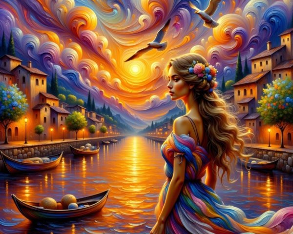 Sunset Sky Over River with Woman and Colorful Boats