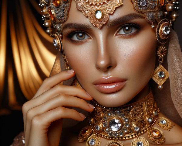 Portrait of a woman in golden jewelry and elegance