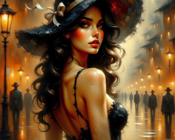 Misty Street Scene Featuring a Stylish Woman in Hat