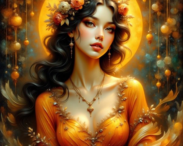 Elegant Woman with Floral Crown and Orange Dress