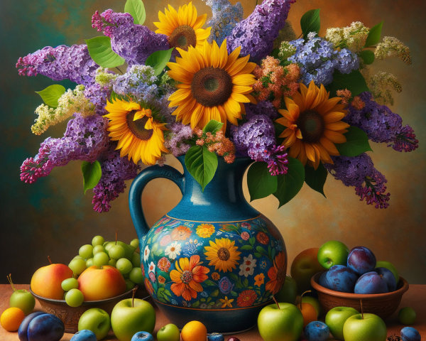 Vibrant Still Life with Blue Pitcher and Fresh Fruits