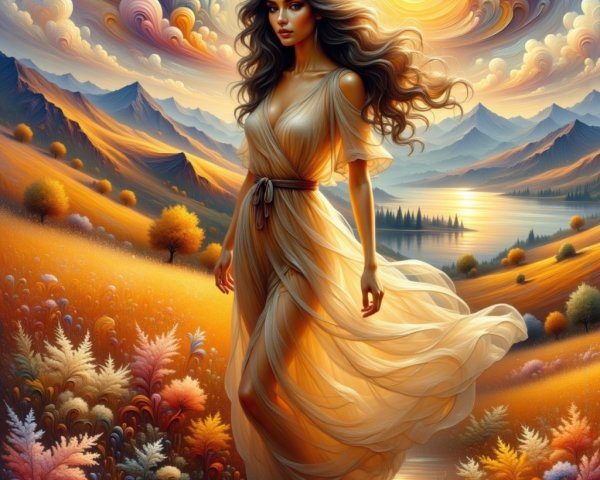 Serene Autumn Landscape with Woman in Ethereal Dress