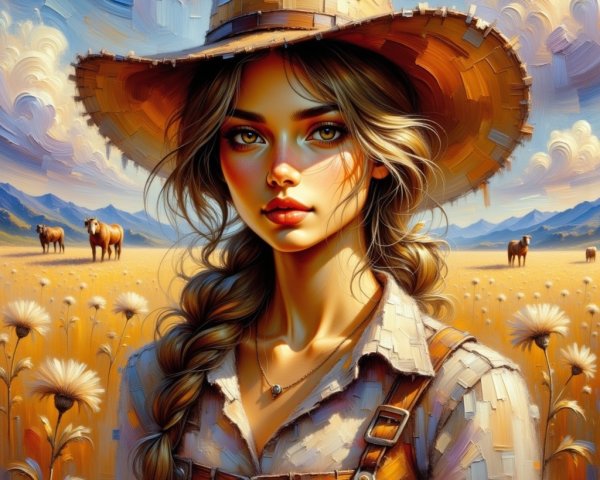 Young Woman in Field with Horses and Mountains