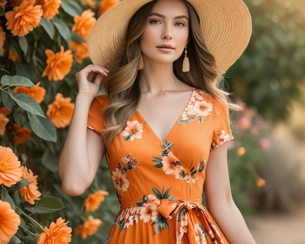 Young Woman in Elegant Orange Floral Dress and Hat