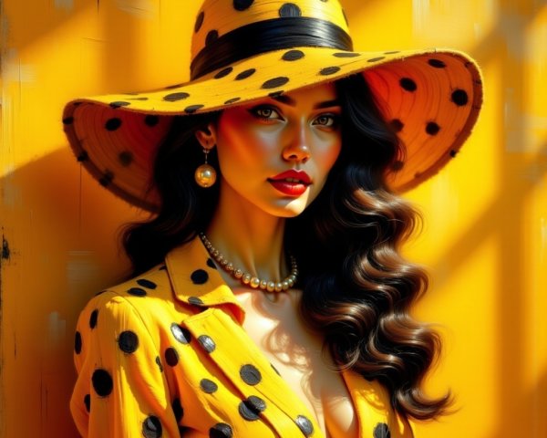 Elegant Woman in Yellow Polka Dot Outfit with Hat