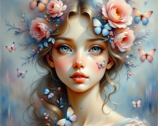 Portrait of a young woman with roses and butterflies