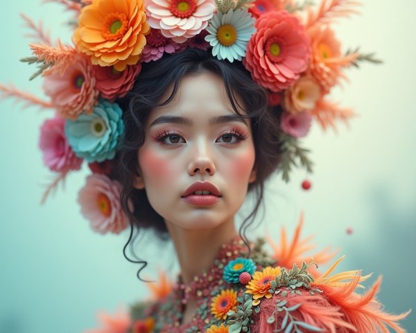 Elegant woman in floral headdress and intricate outfit