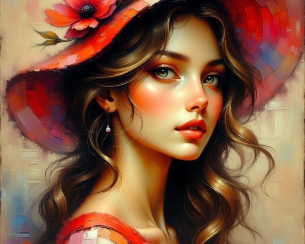 Portrait of a Young Woman with Wavy Hair and Hat