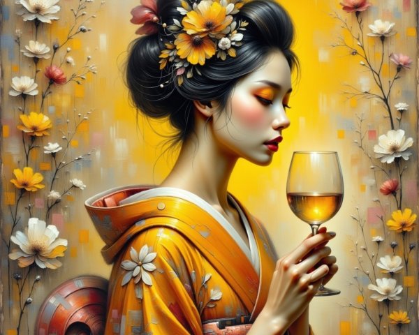 Serene Woman in Traditional Japanese Attire with Flowers