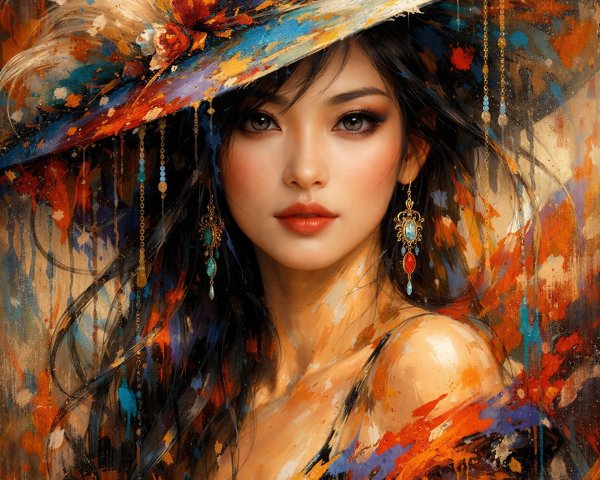 Impressionistic Portrait of a Woman with Ornate Hat