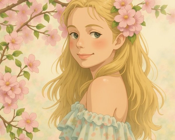 Young girl with blonde hair in a floral setting