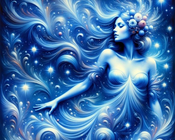 Ethereal Figure in Deep Blue Cosmic Background
